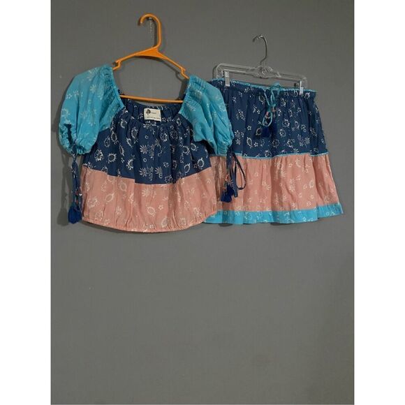 Anthropologie Kopal Women Blue Pink Mohini Skirt Boho Combo Set Size Large - Picture 3 of 11